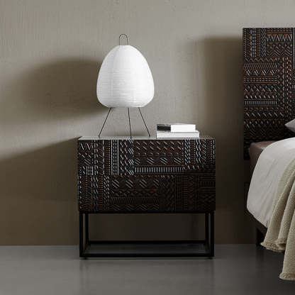 Contemporary Wood Carving Cuboid 2-Drawer Nightstand — Black