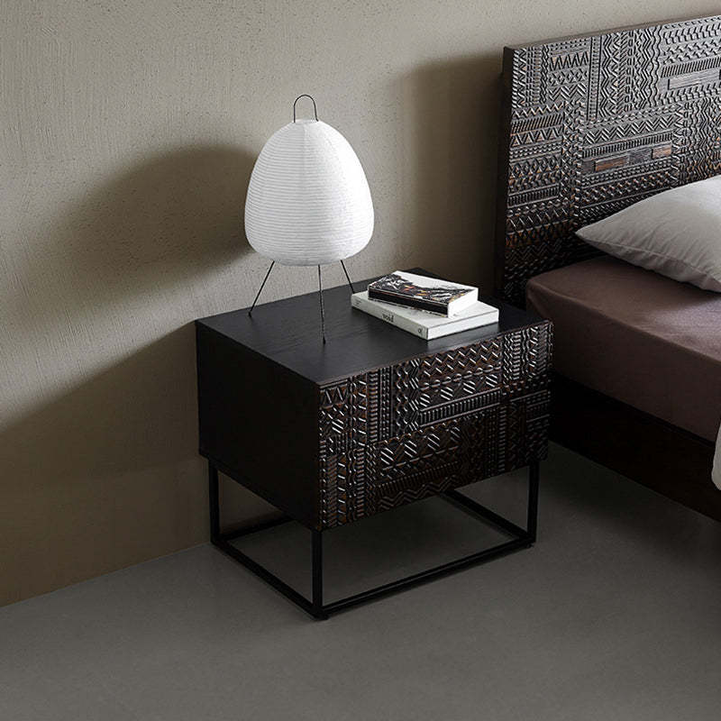 Contemporary Wood Carving Cuboid 2-Drawer Nightstand