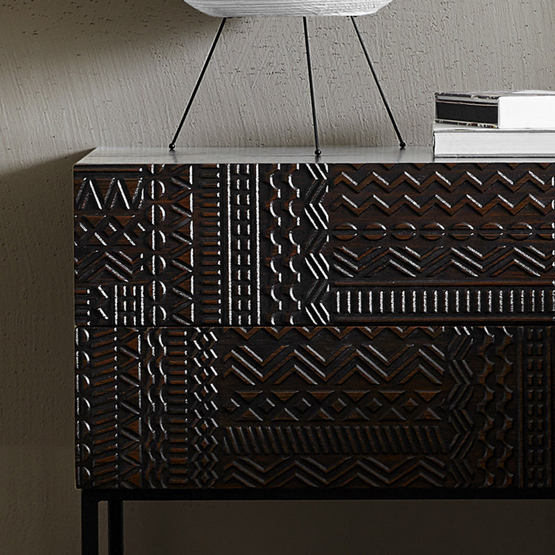 Contemporary Wood Carving Cuboid 2-Drawer Nightstand