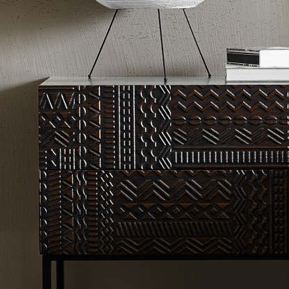 Contemporary Wood Carving Cuboid 2-Drawer Nightstand