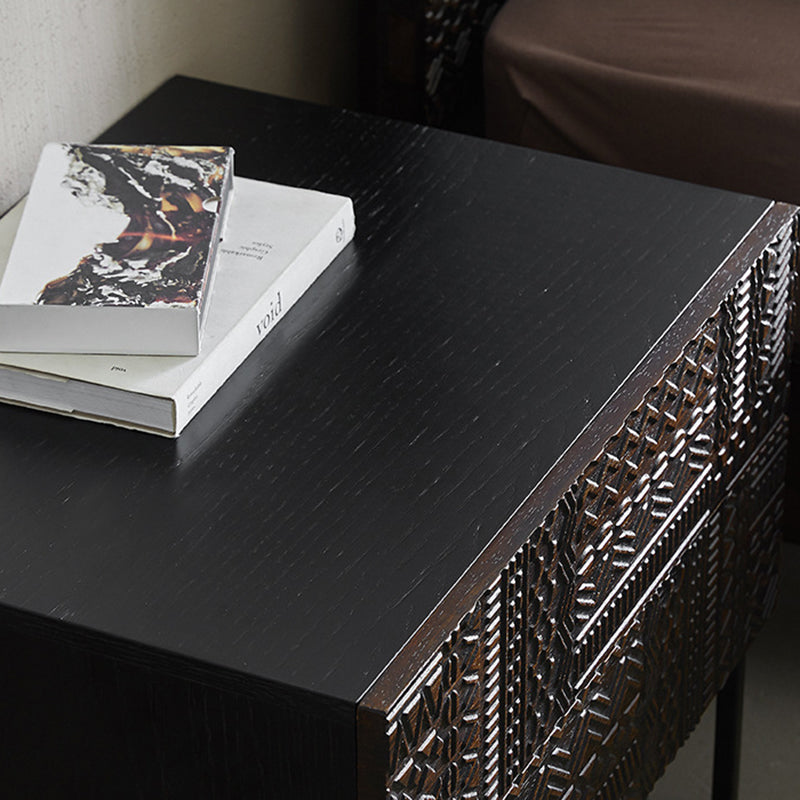 Contemporary Wood Carving Cuboid 2-Drawer Nightstand