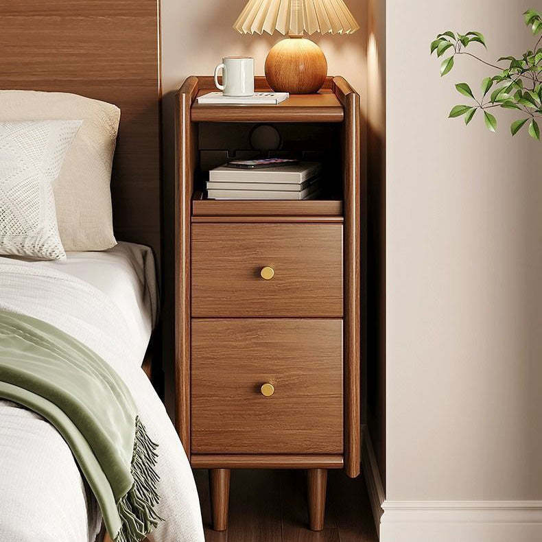 Contemporary Solid Wood Ultra-Narrow 2-Drawer Nightstand — Wood Color