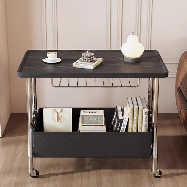 Retro Solid Wood PU Leather Stainless Steel 2-Tier End Table