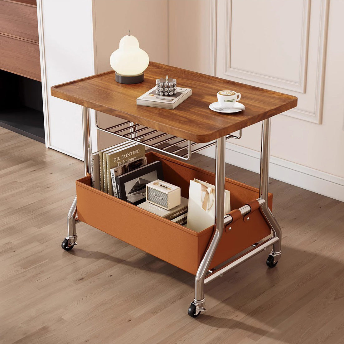 Retro Solid Wood PU Leather Stainless Steel 2-Tier End Table — White