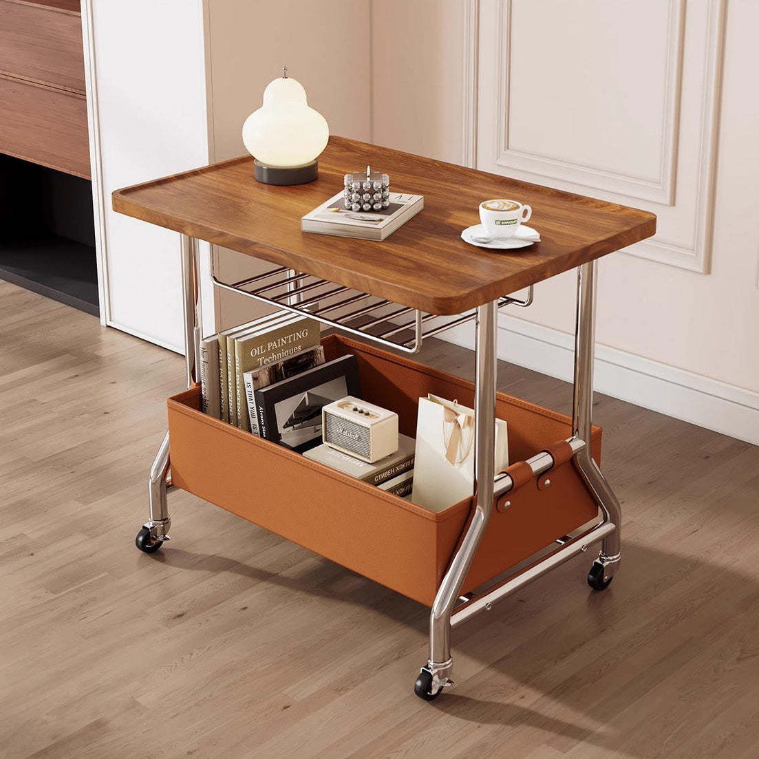 Retro Solid Wood PU Leather Stainless Steel 2-Tier End Table — White