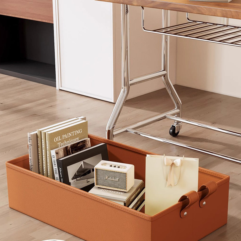 Retro Solid Wood PU Leather Stainless Steel 2-Tier End Table