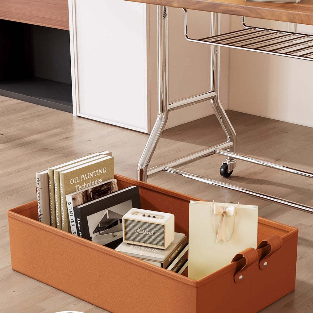 Retro Solid Wood PU Leather Stainless Steel 2-Tier End Table