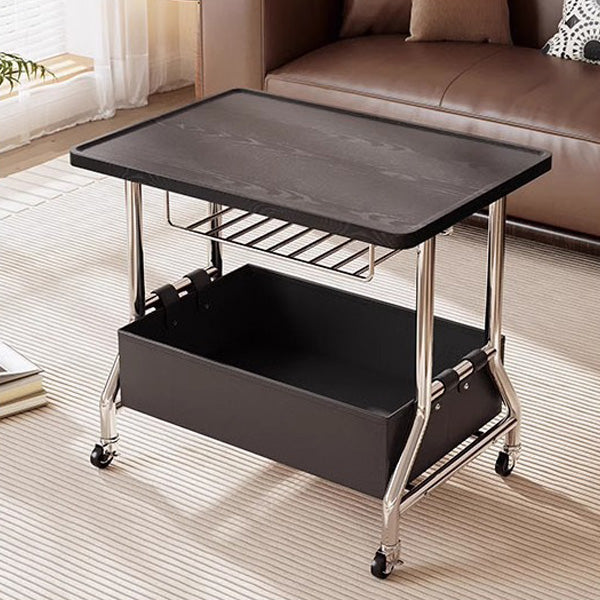 Retro Solid Wood PU Leather Stainless Steel 2-Tier End Table