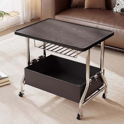 Retro Solid Wood PU Leather Stainless Steel 2-Tier End Table