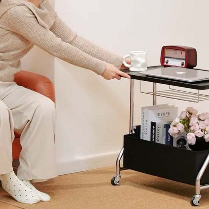 Retro Solid Wood PU Leather Stainless Steel 2-Tier End Table