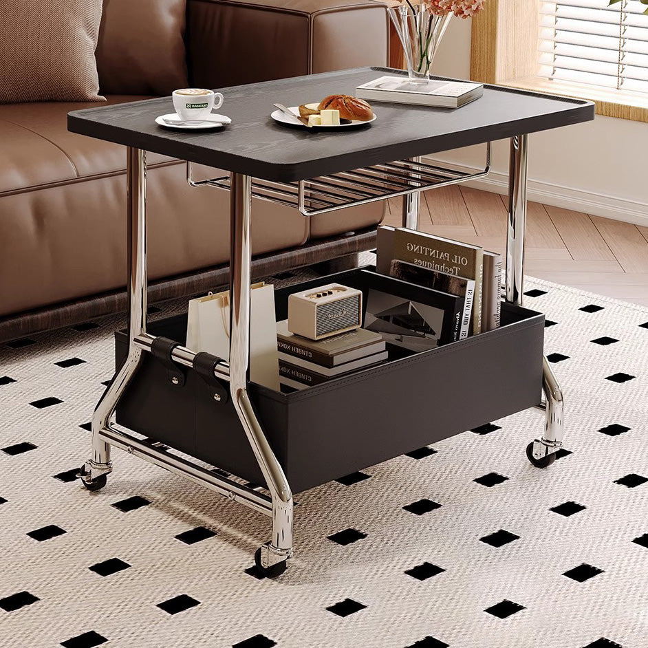Retro Solid Wood PU Leather Stainless Steel 2-Tier End Table