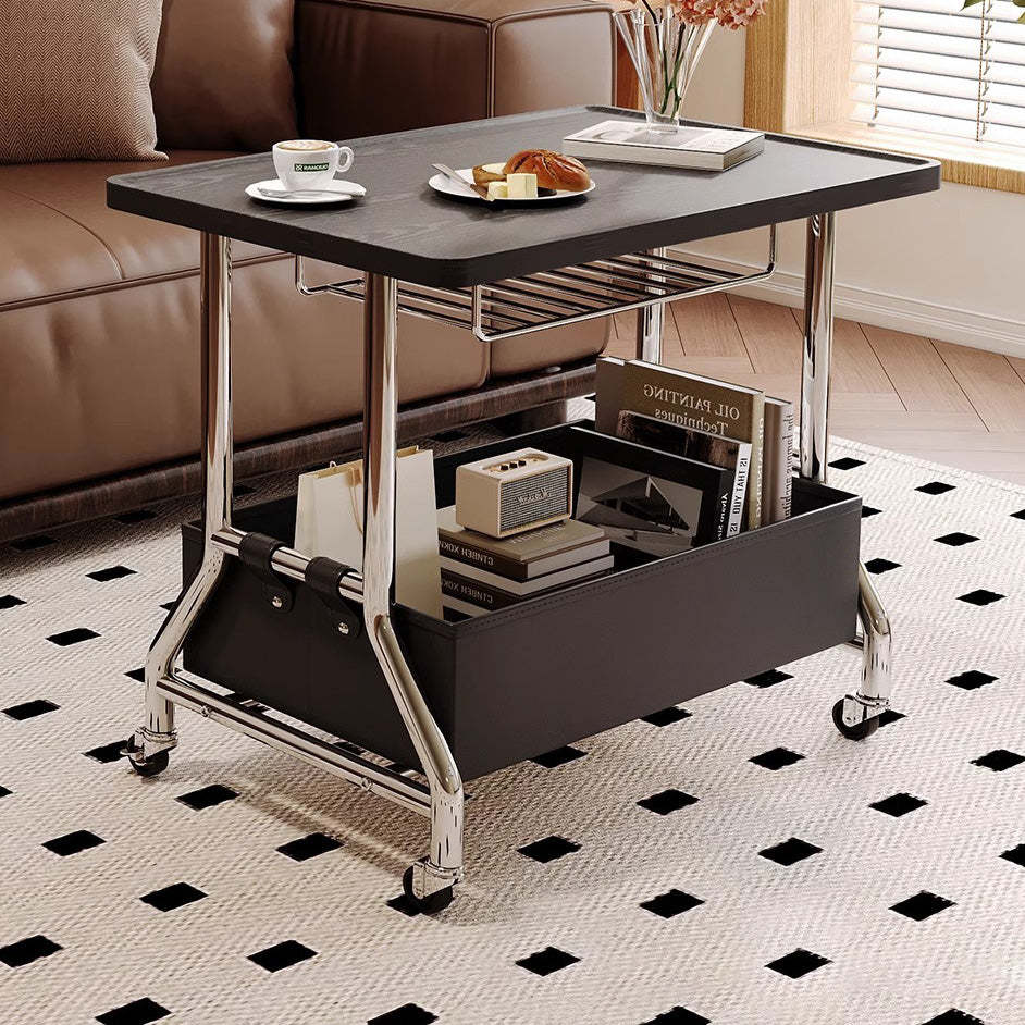 Retro Solid Wood PU Leather Stainless Steel 2-Tier End Table
