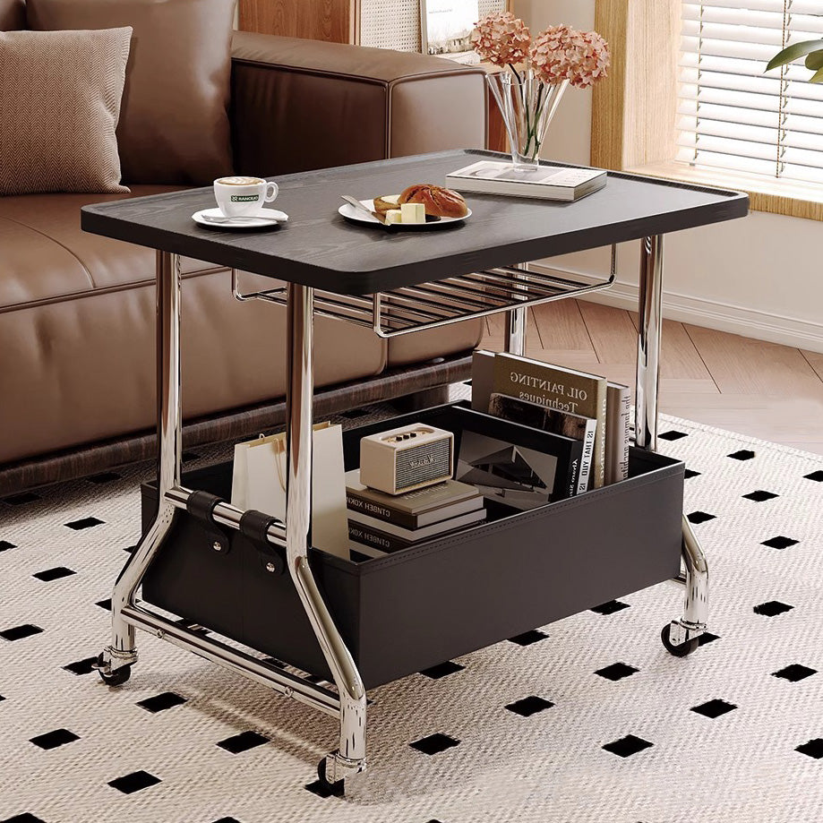 Retro Solid Wood PU Leather Stainless Steel 2-Tier End Table
