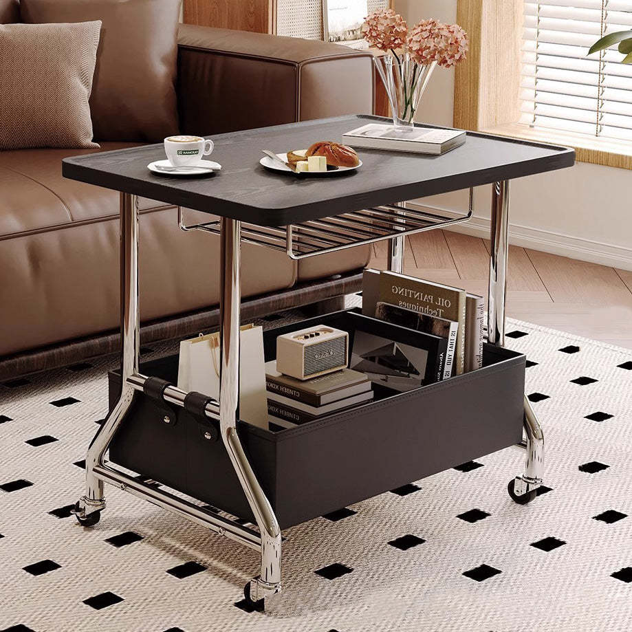 Retro Solid Wood PU Leather Stainless Steel 2-Tier End Table