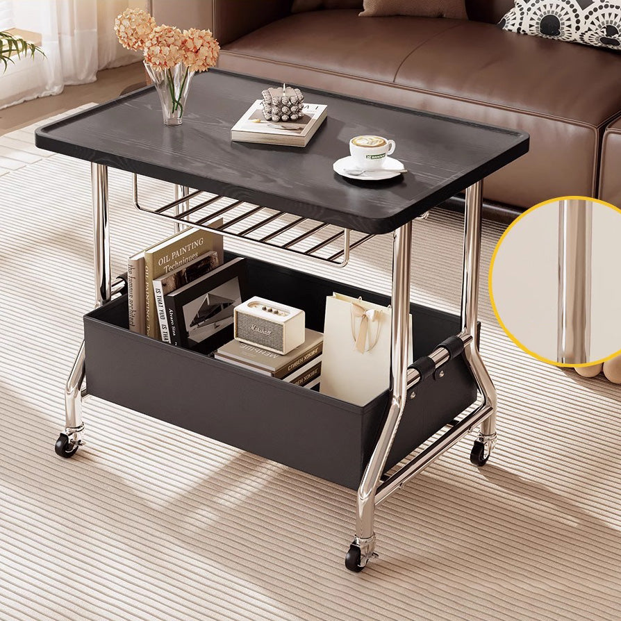 Retro Solid Wood PU Leather Stainless Steel 2-Tier End Table