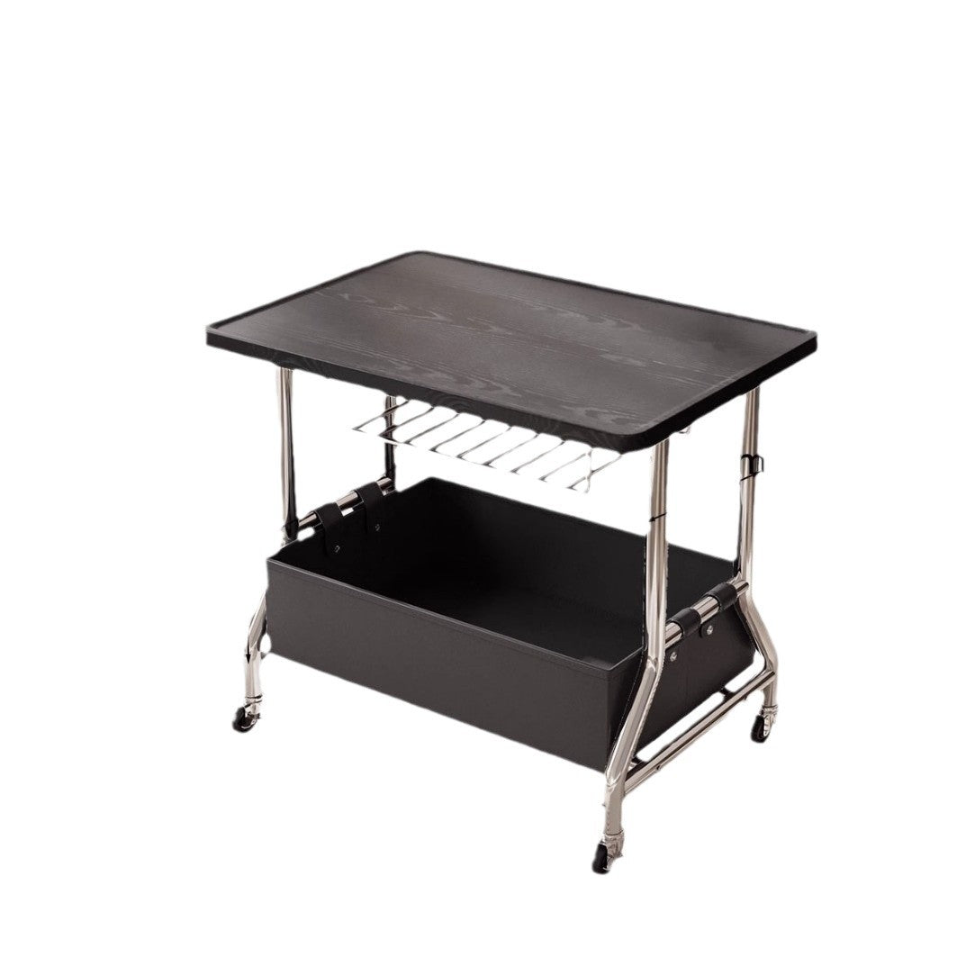 Retro Solid Wood PU Leather Stainless Steel 2-Tier End Table