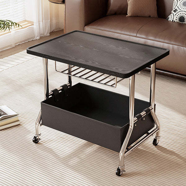 Retro Solid Wood PU Leather Stainless Steel 2-Tier End Table