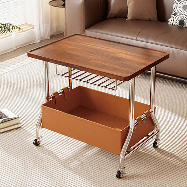 Retro Solid Wood PU Leather Stainless Steel 2-Tier End Table