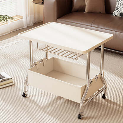Retro Solid Wood PU Leather Stainless Steel 2-Tier End Table