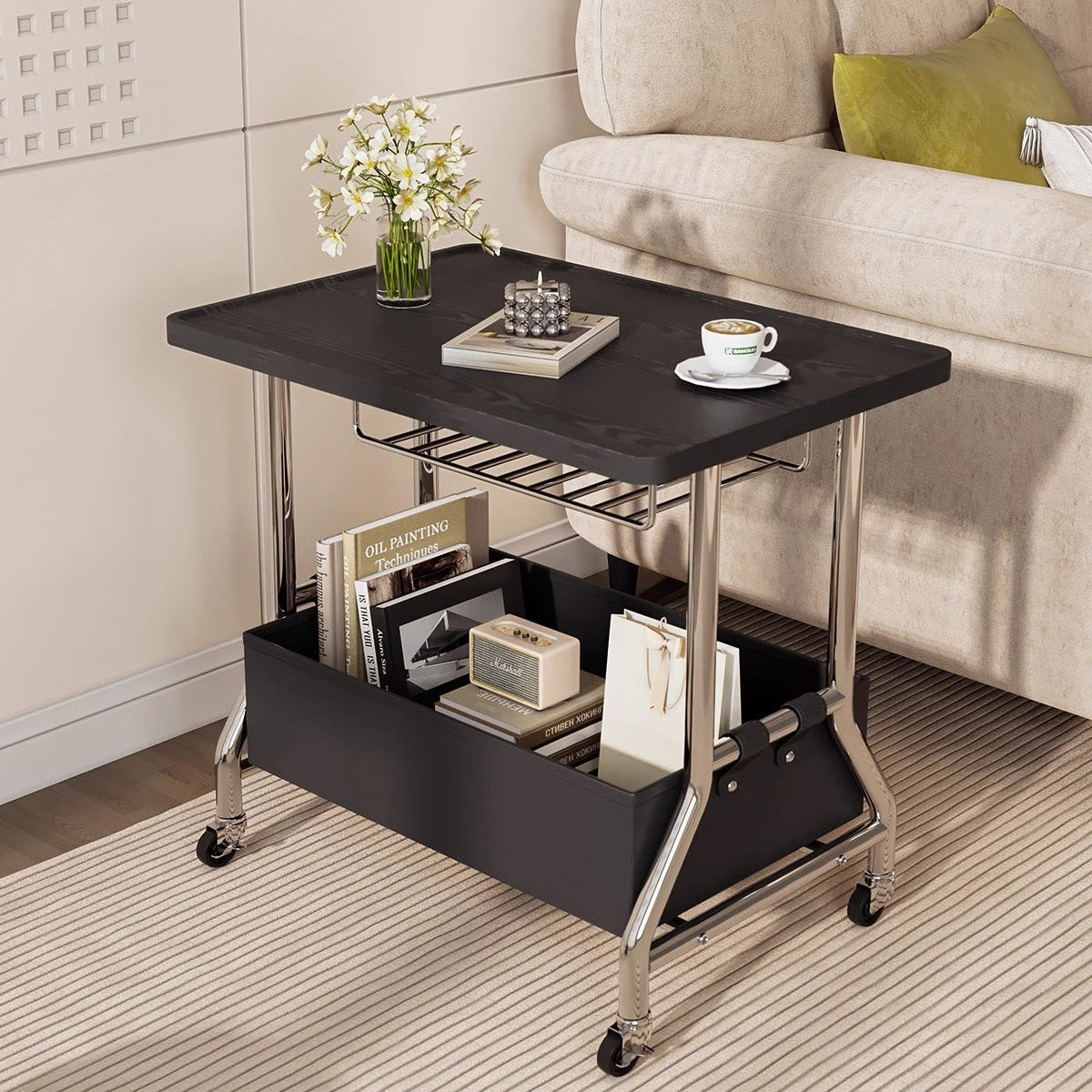 Retro Solid Wood PU Leather Stainless Steel 2-Tier End Table