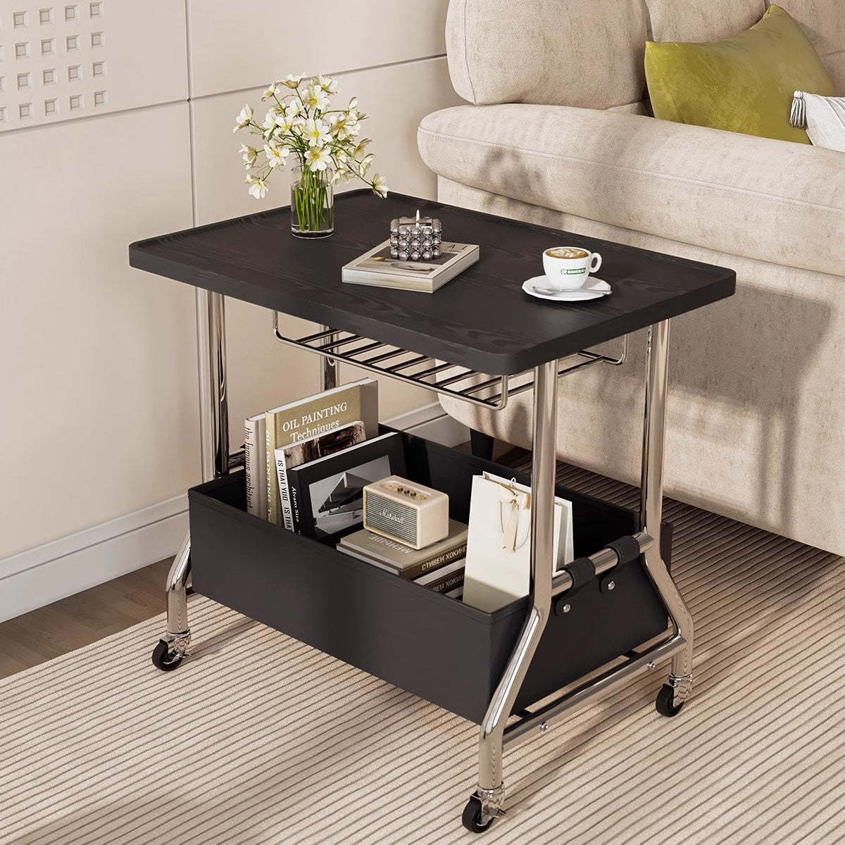 Retro Solid Wood PU Leather Stainless Steel 2-Tier End Table