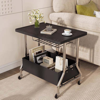 Retro Solid Wood PU Leather Stainless Steel 2-Tier End Table
