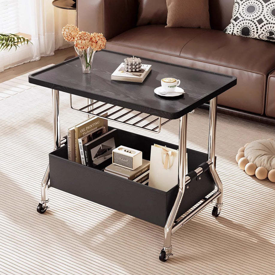 Retro Solid Wood PU Leather Stainless Steel 2-Tier End Table — Wood Color