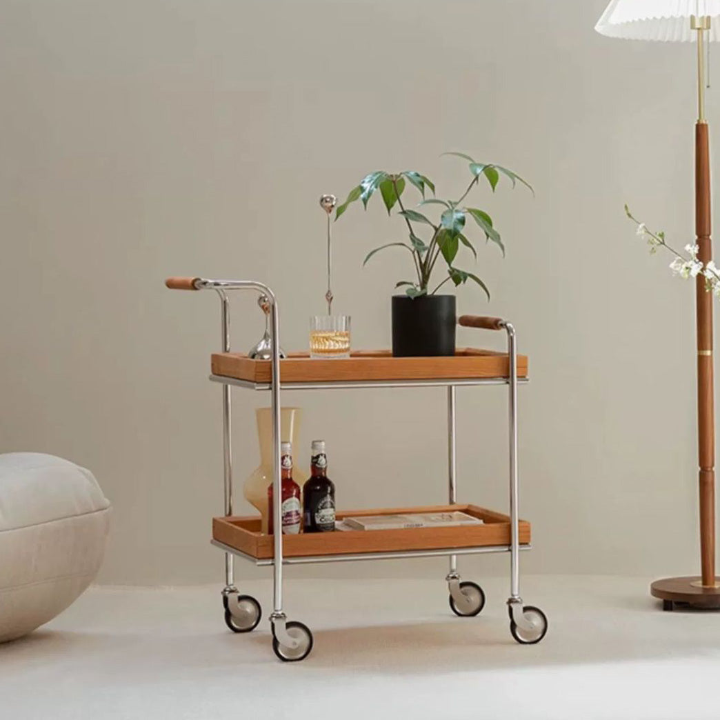 Retro Solid Wood Metal 2-Tier Rolling Cart End Table