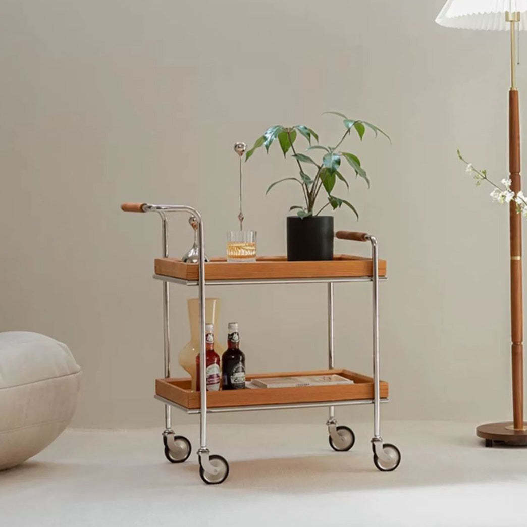 Retro Solid Wood Metal 2-Tier Rolling Cart End Table