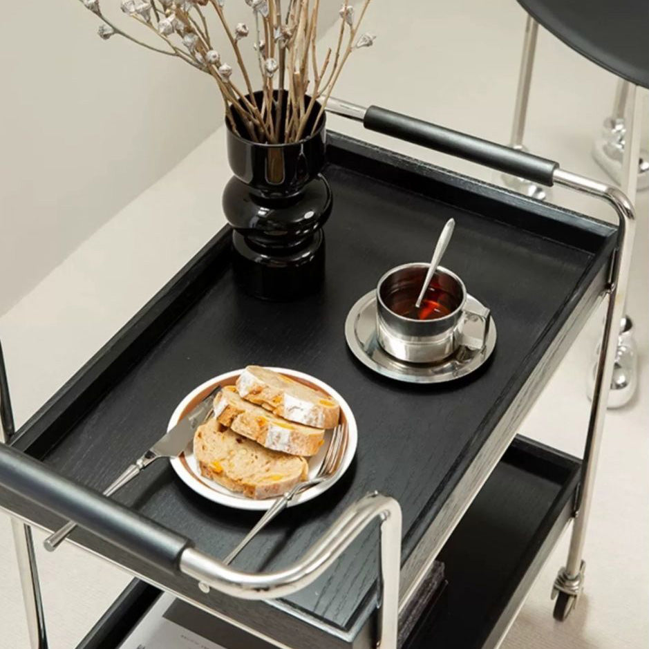 Retro Solid Wood Metal 2-Tier Rolling Cart End Table