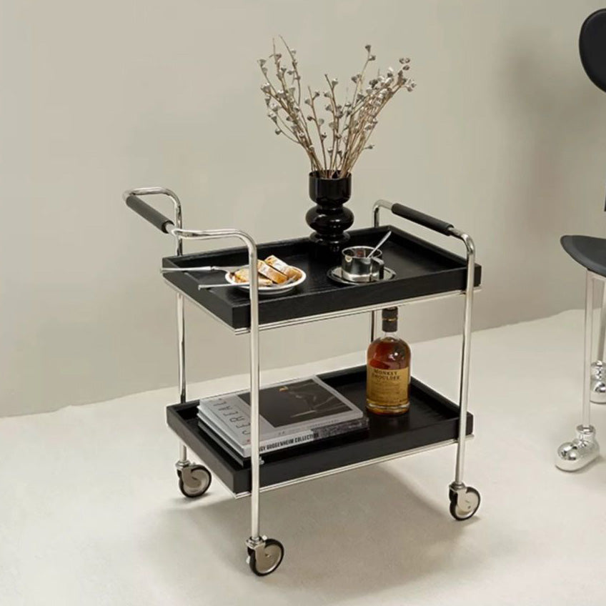 Retro Solid Wood Metal 2-Tier Rolling Cart End Table