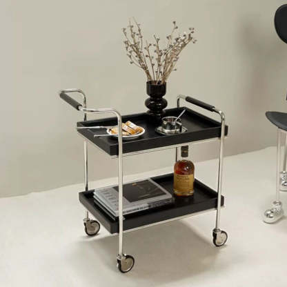 Retro Solid Wood Metal 2-Tier Rolling Cart End Table