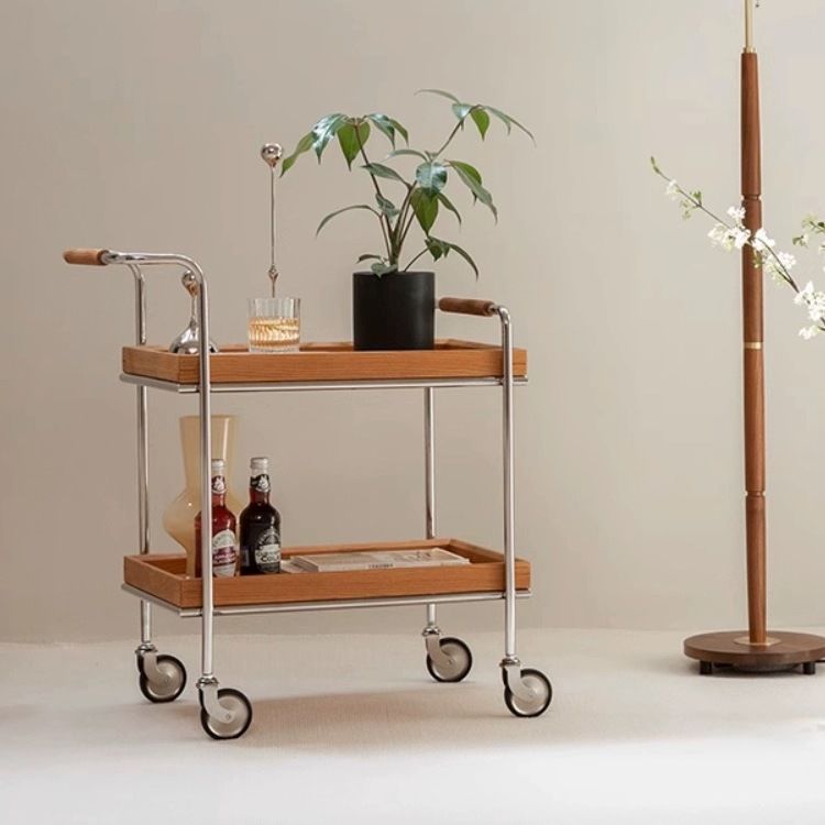 Retro Solid Wood Metal 2-Tier Rolling Cart End Table — Black