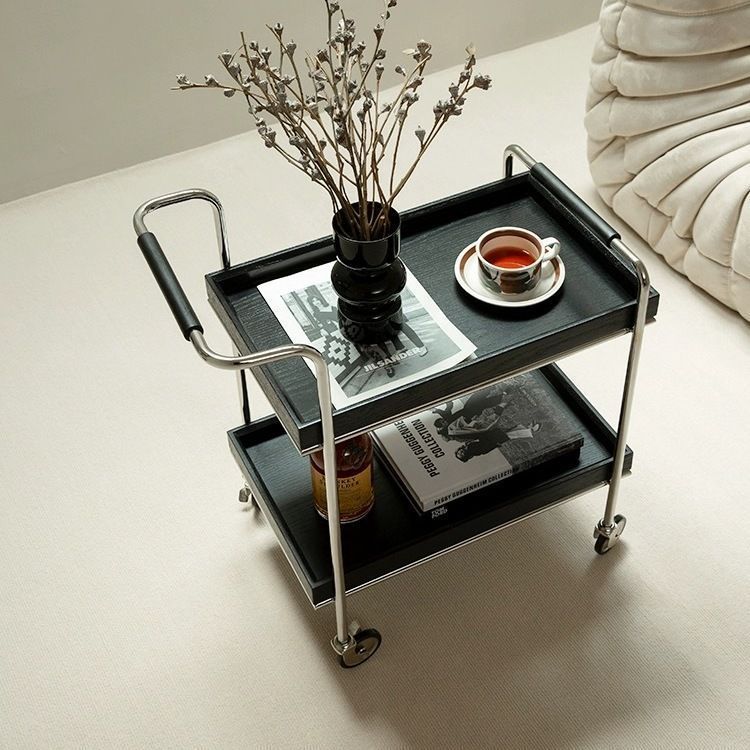 Retro Solid Wood Metal 2-Tier Rolling Cart End Table
