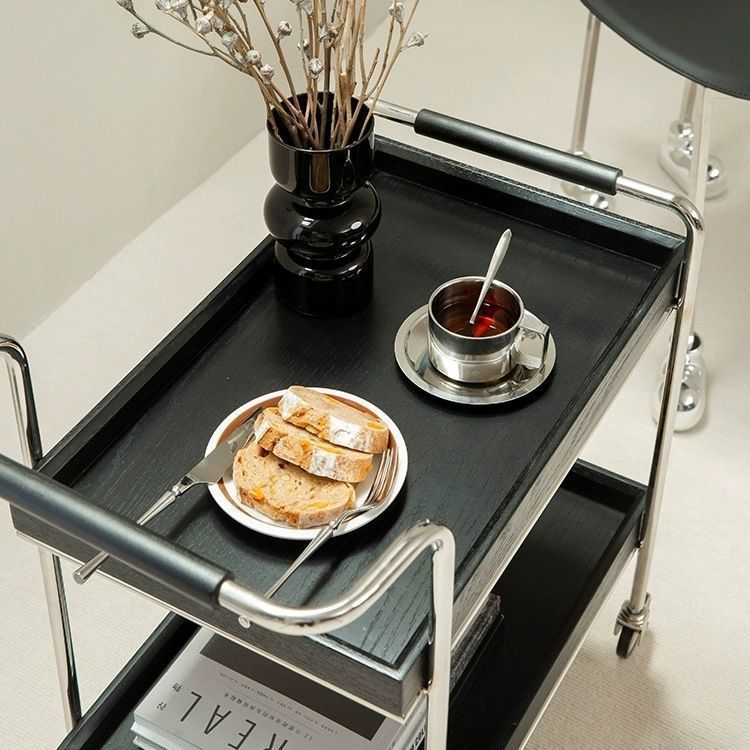 Retro Solid Wood Metal 2-Tier Rolling Cart End Table
