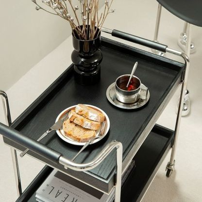 Retro Solid Wood Metal 2-Tier Rolling Cart End Table