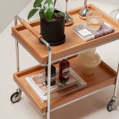 Retro Solid Wood Metal 2-Tier Rolling Cart End Table