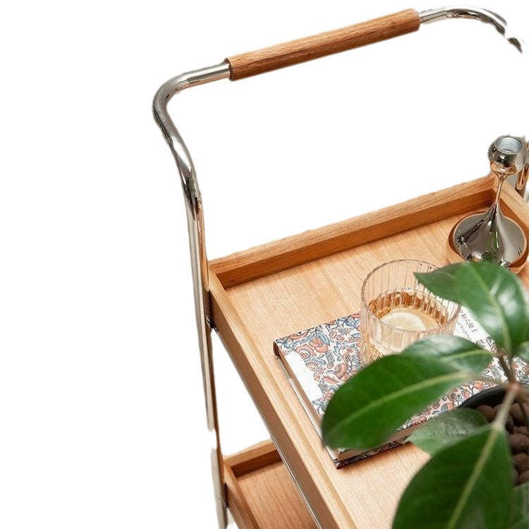 Retro Solid Wood Metal 2-Tier Rolling Cart End Table