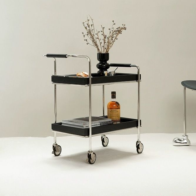 Retro Solid Wood Metal 2-Tier Rolling Cart End Table