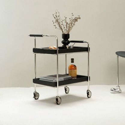 Retro Solid Wood Metal 2-Tier Rolling Cart End Table