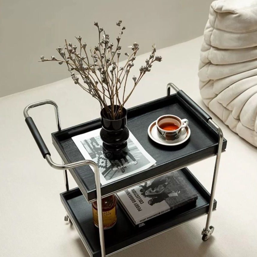 Retro Solid Wood Metal 2-Tier Rolling Cart End Table