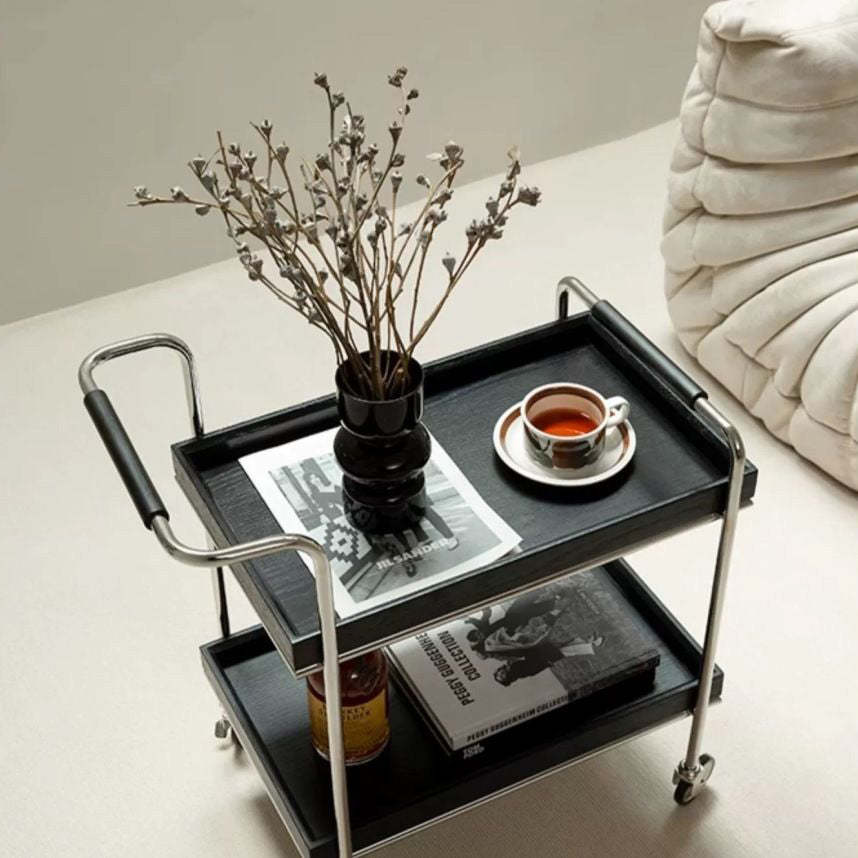 Retro Solid Wood Metal 2-Tier Rolling Cart End Table