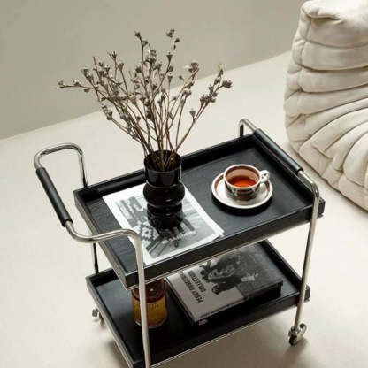 Retro Solid Wood Metal 2-Tier Rolling Cart End Table