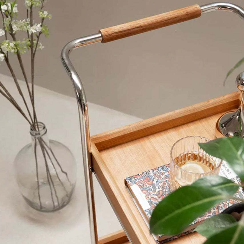 Retro Solid Wood Metal 2-Tier Rolling Cart End Table