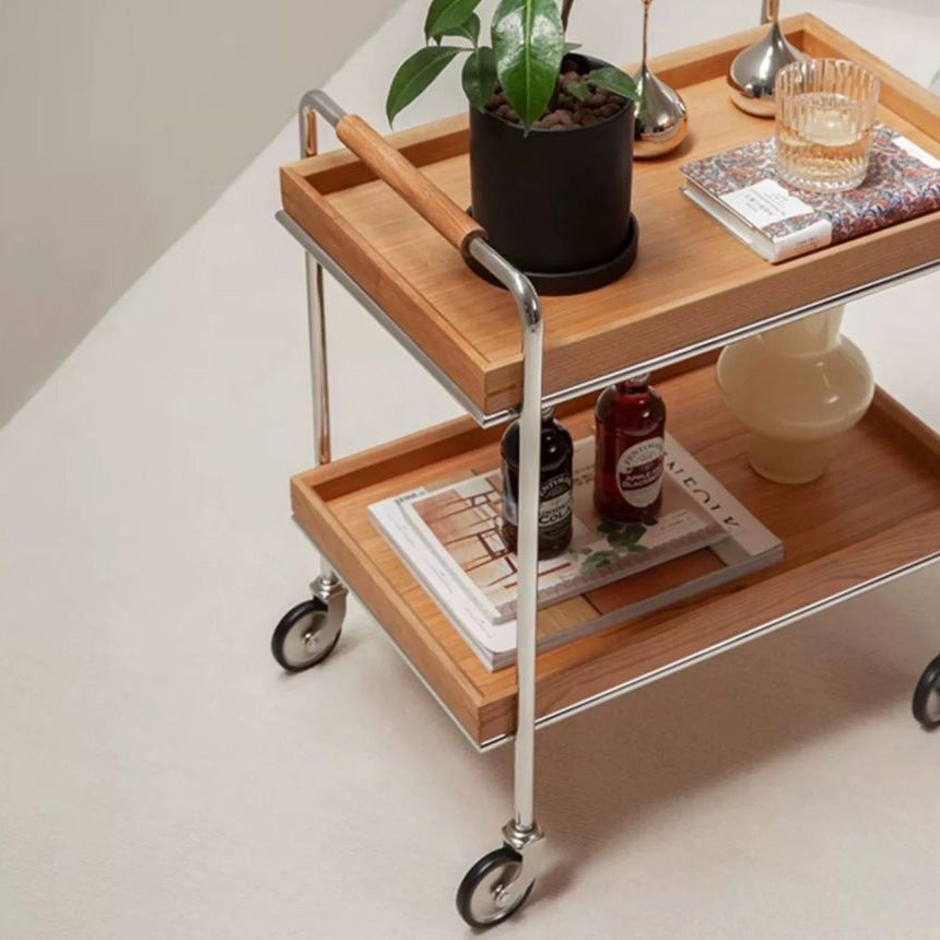 Retro Solid Wood Metal 2-Tier Rolling Cart End Table