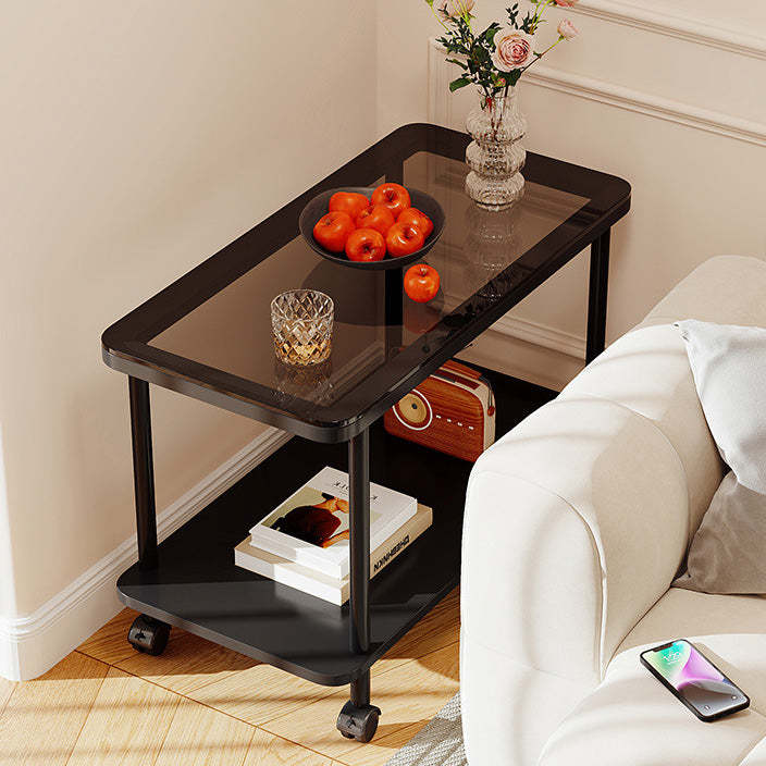 Contemporary Glass Metal 2-Tier End Table Casters