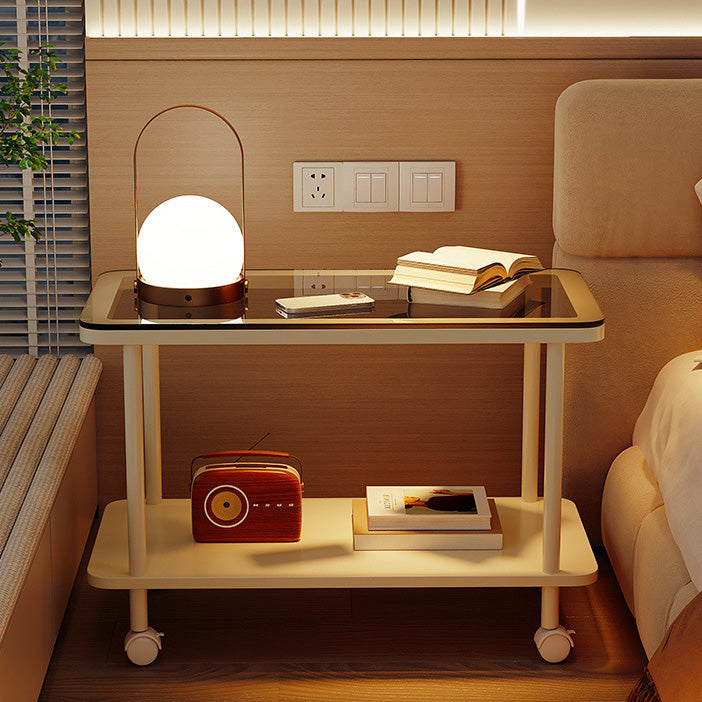 Contemporary Glass Metal 2-Tier End Table Casters