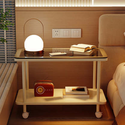 Contemporary Glass Metal 2-Tier End Table Casters