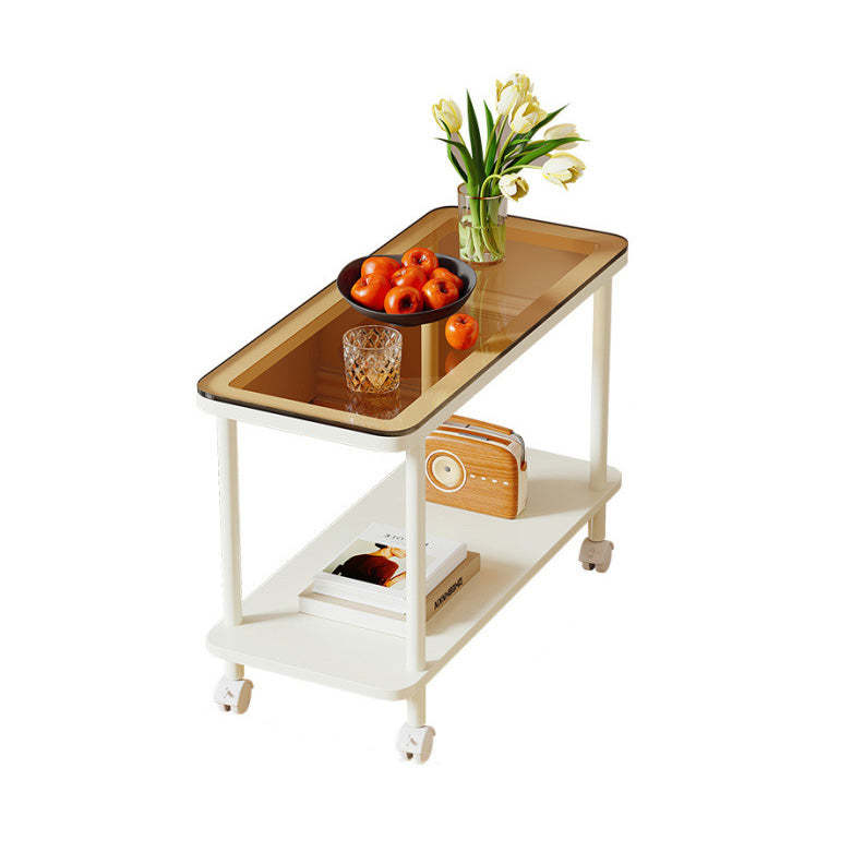 Contemporary Glass Metal 2-Tier End Table Casters
