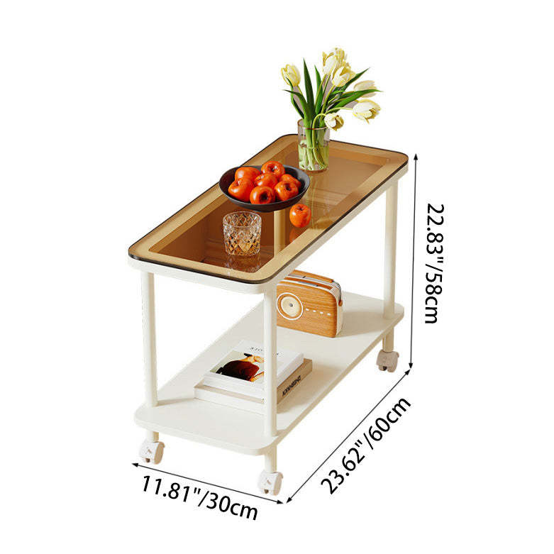 Contemporary Glass Metal 2-Tier End Table Casters — Black + Brown Glass Table Top